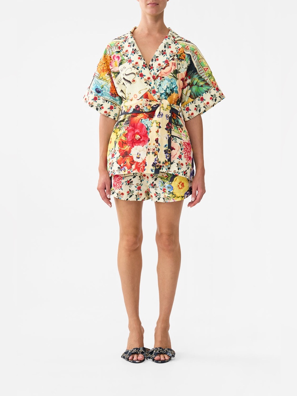 CAMILLA Aromatic Amor Crystal Embellished Linen Silk Belted Jacket